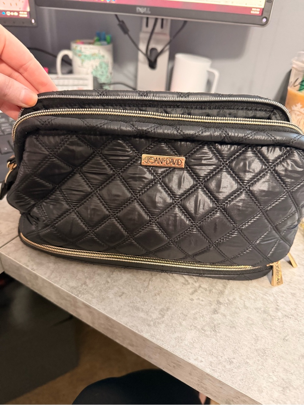 Joan & David Black Quilted Cosmetic Pouch with Gold Accents